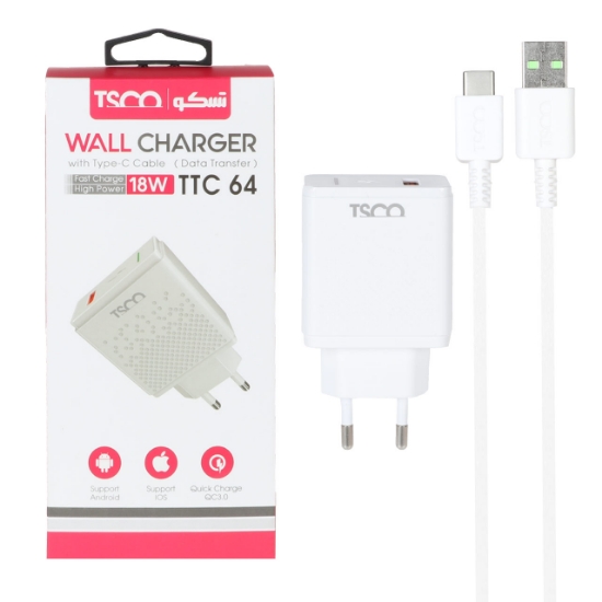 تصویر شارژر دیواری 18 وات فست شارژ تک پورت تسکو مدل TTC64 به همراه کابل تبدیل USB-C