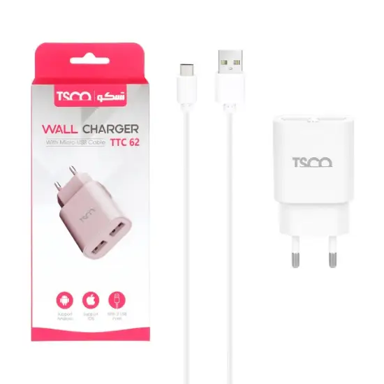 تصویر شارژر دیواری دوپورت تسکو مدل TTC62 به همراه کابل شارژ Micro-USB