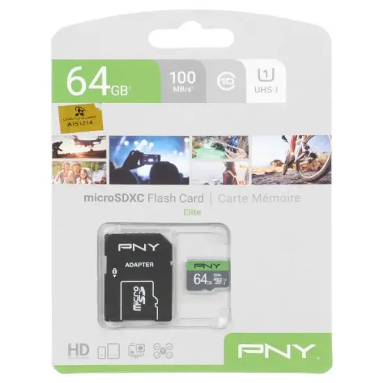 تصویر کارت حافظه microSDXC پی ان وای مدل Elite کلاس 10 استاندارد UHS-I U1 سرعت 100MBs ظرفیت 64 گیگابایت به همراه آداپتور SD