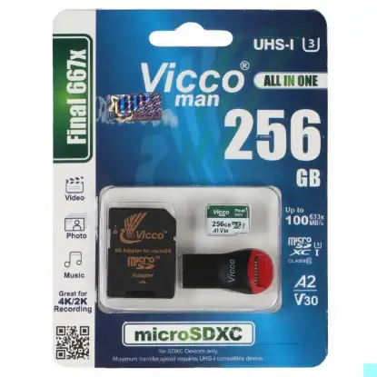 تصویر کارت حافظه microSDXC ویکومن مدل Final 667X کلاس 10 استاندارد UHS-I U3 سرعت 100MBps ظرفیت 256 گیگابایت به همراه کارت خوان و آداپتور