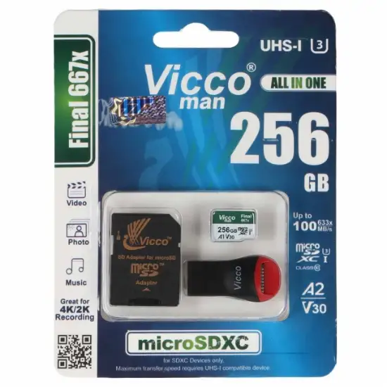 تصویر کارت حافظه microSDXC ویکومن مدل Final 667X کلاس 10 استاندارد UHS-I U3 سرعت 100MBps ظرفیت 256 گیگابایت به همراه کارت خوان و آداپتور