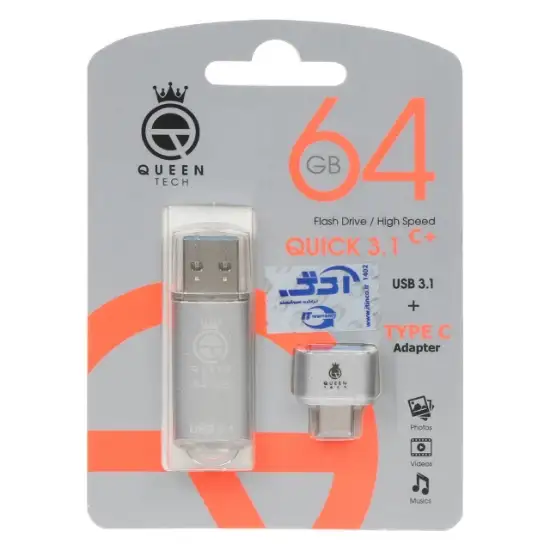 تصویر فلش مموری کوئین تک مدل QUICK C-PLUS ظرفیت 64 گیگابایت به همراه مبدل USB-C OTG