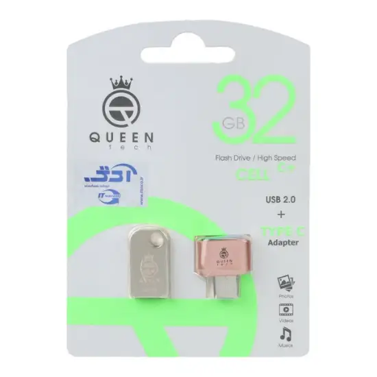تصویر فلش مموری کوئین تک مدل CELL C PLUS ظرفیت 32 گیگابایت به همراه مبدل OTG