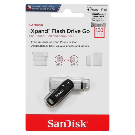تصویر فلش مموری سن دیسک مدل iXPand Drive Go USB3.0 ظرفیت 128 گیگابایت