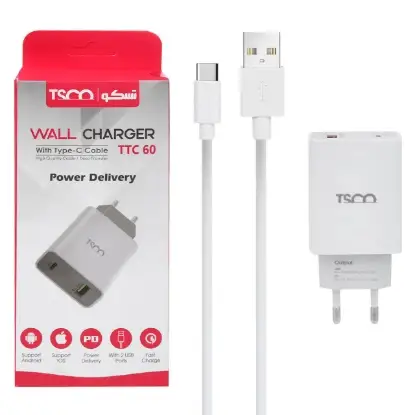 تصویر شارژر دیواری تسکو مدل TTC60 به همراه کابل تبدیل USB-C