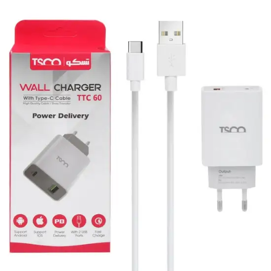 تصویر شارژر دیواری تسکو مدل TTC60 به همراه کابل تبدیل USB-C