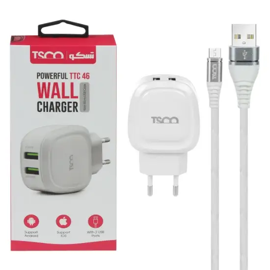 تصویر شارژر دیواری دو پورت تسکو مدل TTC 46 همراه کابل شارژ MicroUSB