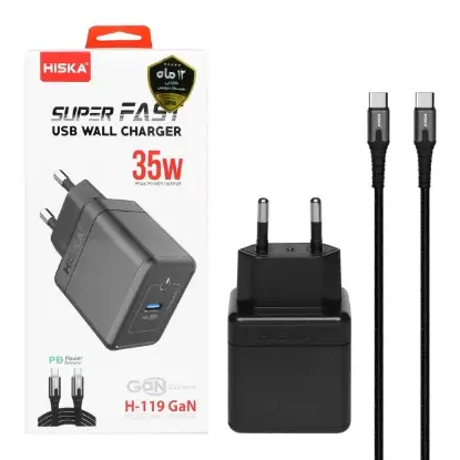 نمایش جزئیات شارژر دیواری 35 وات فست شارژ PD تک پورت هیسکا مدل H-119 GAN به همراه کابل شارژUSB-C