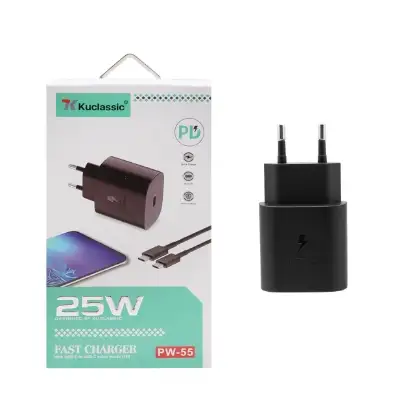 نمایش جزئیات شارژر دیواری فست شارژ و PD تک پورت کوکلاسیک 25W مدل PW-55 به همراه کابل شارژ Type-C