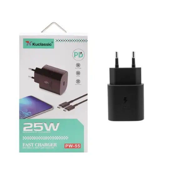 تصویر شارژر دیواری فست شارژ و PD تک پورت کوکلاسیک 25W مدل PW-55 به همراه کابل شارژ Type-C