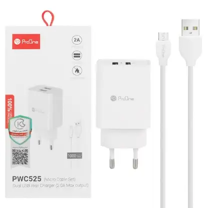 نمایش جزئیات شارژر دیواری پرووان مدل PWC525 به همراه کابل تبدیل Micro-USB