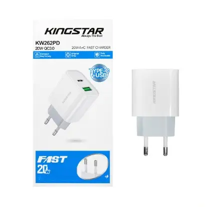 نمایش جزئیات شارژر دیواری 20 وات فست شارژ و PD دو پورت کینگ استار مدل KW262PD