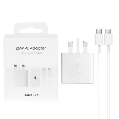 نمایش جزئیات شارژر دیواری 25 وات سامسونگ مدل سه پین EP-TA800 به همراه کابل تبدیل USB-C