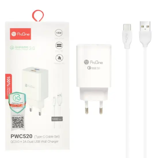 تصویر شارژر دیواری 18وات فست شارژ دو پورت پرووان مدل PWC520 به همراه کابل شارژ USB-C