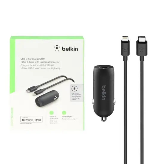 تصویر شارژر فندکی بلکین مدل CCA003bt04 توان 20 وات + کابل تبدیل USB-C به لایتنینگ