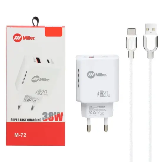تصویر شارژر دیواری 38 وات دو پورت میلر مدل M-72 همراه کابل شارژ USB-C