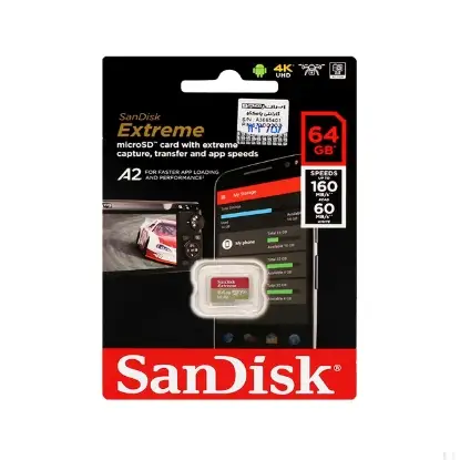 نمایش جزئیات کارت حافظه microSD سن دیسک مدل Extreme U3 A2 سرعت 160MBps ظرفیت 64 گیگابایت