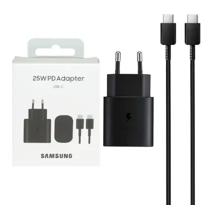 نمایش جزئیات شارژر دیواری دو پین 25 وات سامسونگ مدل EP-TA800 به همراه کابل تبدیل USB-C