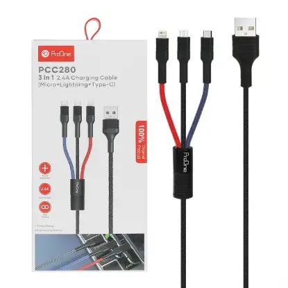 نمایش جزئیات کابل شارژ تبدیل USB به Type-C / MicroUSB / لایتنینگ پرووان مدل PCC280