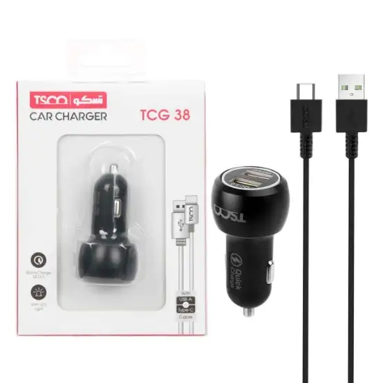 تصویر شارژر فندکی 36W فست دو پورت تسکو مدل TCG 38 به همراه کابل usb_c