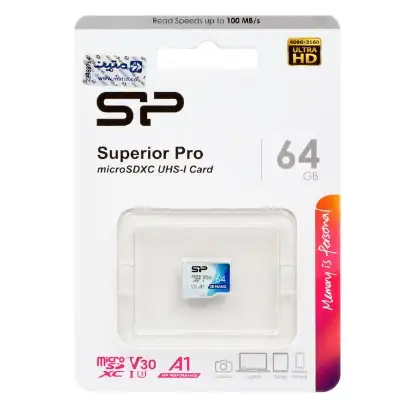 نمایش جزئیات کارت حافظه microSDXC سیلیکون پاور مدل Superior Pro کلاس 10 استاندارد UHS-I U3 سرعت 100MBps ظرفیت 64 گیگابایت