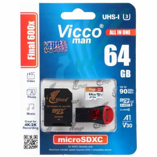 تصویر کارت حافظه micro SDXC ویکومن مدل 600X Plus استاندارد V30 UHS-I U3 (All in one) ظرفیت 64 گیگابایت به همراه کارت خوان