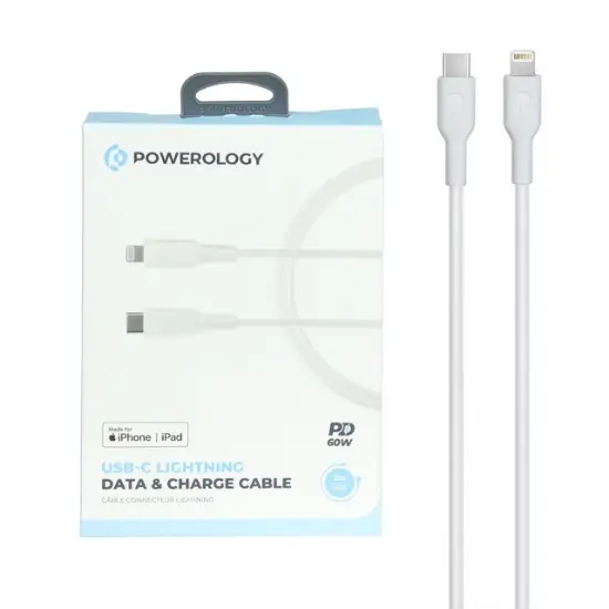 تصویر کابل تبدیل USB-C به لایتنینگ فست و PD پاورولوژی مدل PWCTL2M-WH طول 2 متر