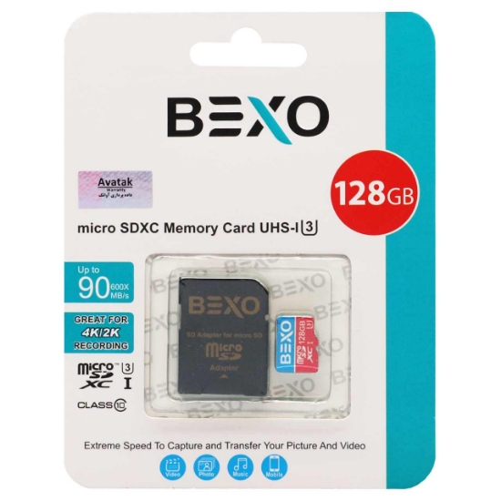 تصویر کارت حافظه microSDXC بکسو UHS-I U3 Class 10-90MB/s ظرفیت 128 گیگابایت به همراه آداپتور SD