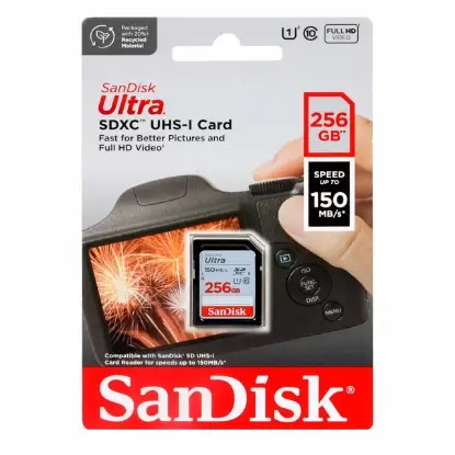 نمایش جزئیات کارت حافظه microSDXC سن دیسک مدل Ultra کلاس 10 U1 سرعت 150MB/sو ظرفیت 256 گیگابایت مخصوص دوربین عکاسی