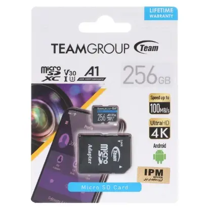 نمایش جزئیات کارت حافظه microSDXC تیم گروپ U3 Class 10 Ultra HD 100MB/s ظرفیت 256 گیگابایت به همراه آداپتور SD