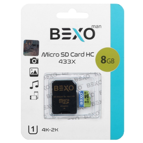 تصویر کارت حافظه microSDHC بکسو مدل 433X کلاس 10 استاندارد UHS-I U1 سرعت 65MBps ظرفیت 8 گیگابایت به همراه آداپتور SD