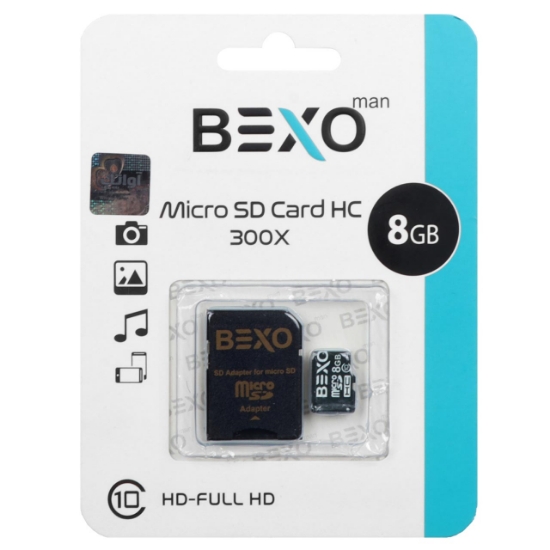 تصویر کارت حافظه microSDHC بکسو مدل 300X کلاس 10 استاندارد UHS-I U1 سرعت 65MBps ظرفیت 8 گیگابایت به همراه آداپتور SD