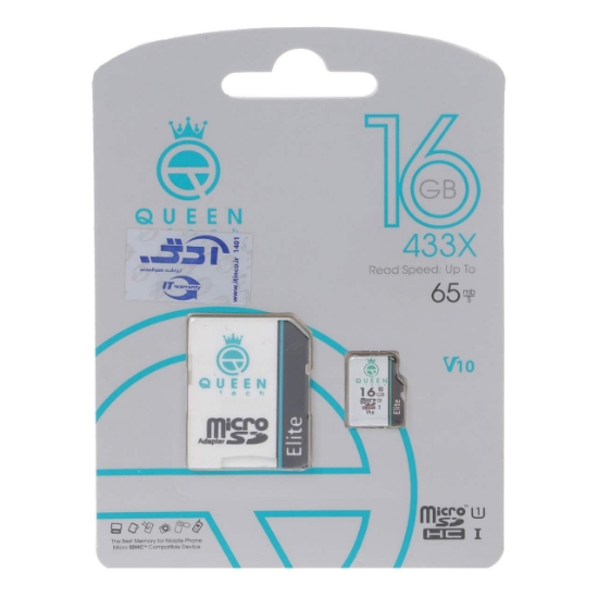 تصویر کارت حافظه microSDHC کوئین تک مدل 433X کلاس 10 استاندارد U1 سرعت 65MBps ظرفیت 16 گیگابایت به همراه آداپتور SD