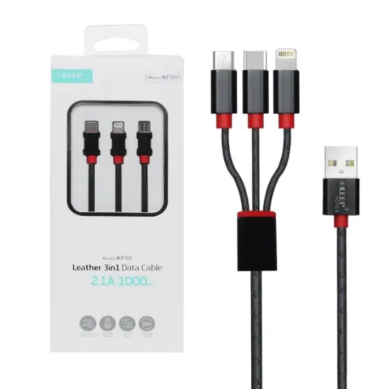 تصویر کابل تبدیل USB به USB-C . microUSB. Lightning مدل KP05 طول 1 متر