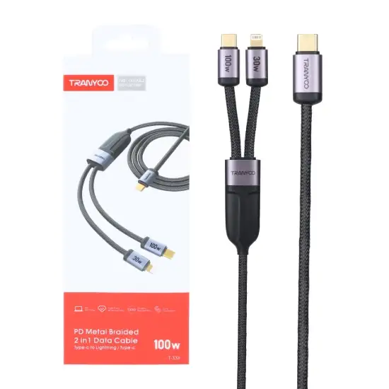 تصویر کابل تبدیل USB-C به USB-C / لایتنینگ  ترانیو مدل T-XS8 به طول 1.2 متر