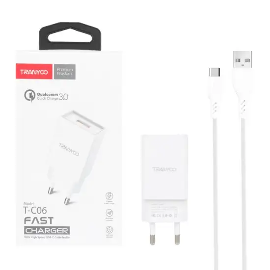 تصویر شارژر دیواری 18 وات فست تک پورت ترانیو مدل T-C06 به همراه کابل شارژ Type-C
