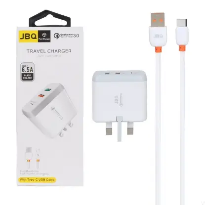 نمایش جزئیات شارژر دیواری 18 وات فست دو پورت جی بی کیو مدل F-2USB همراه با کابل Type-C