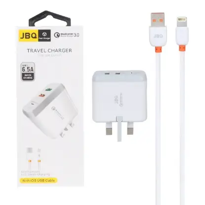 نمایش جزئیات شارژر دیواری 18 وات فست دو پورت جی بی کیو مدل F-2USB همراه با کابل آیفون