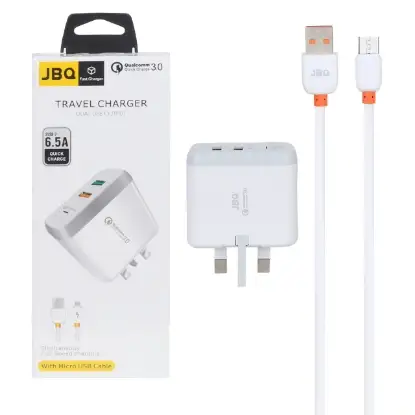 نمایش جزئیات شارژر دیواری 18 وات فست دو پورت جی بی کیو مدل F-2USB همراه با کابل اندروید