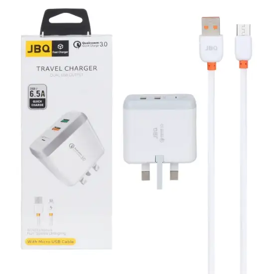 تصویر شارژر دیواری 18 وات فست دو پورت جی بی کیو مدل F-2USB همراه با کابل اندروید