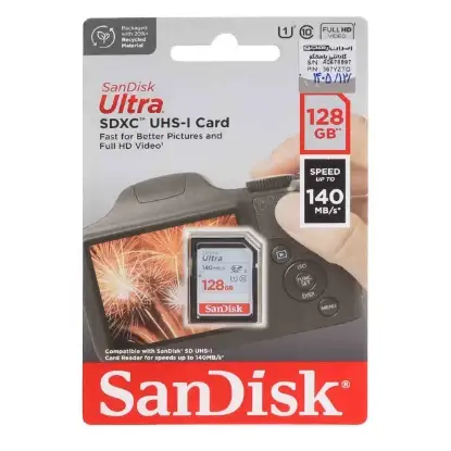 نمایش جزئیات کارت حافظه microSDXC سن دیسک مدل UHS-I U1 سرعت 140MB/sو ظرفیت 128 گیگابایت مخصوص دوربین عکاسی