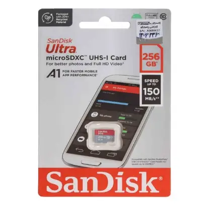 نمایش جزئیات کارت حافظه microSDXC سن دیسک مدل Ultra استاندارد UHS-I Full HD سرعت 150MBps ظرفیت 256 گیگابایت