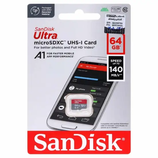 تصویر کارت حافظه Ultra microSDXC UHS-I سن دیسک مدل UHS-I Full HD سرعت 140MB/s ظرفیت 64 گیگابایت