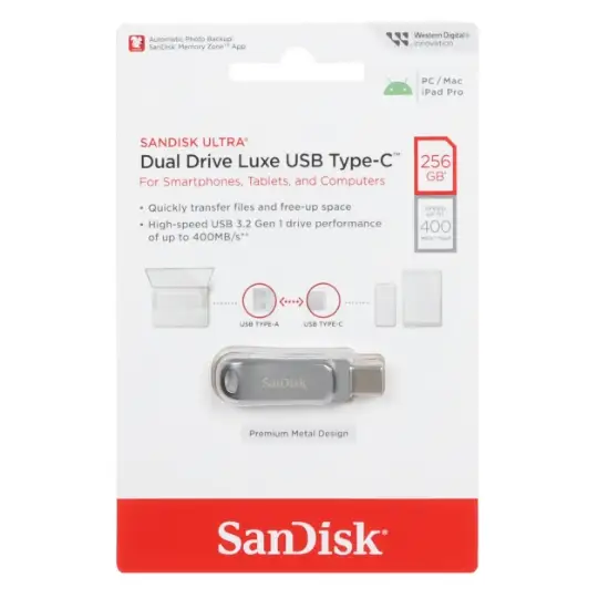 تصویر فلش مموری سن دیسک مدل Ultra Dual Drive Luxe USB Type-C USB3.2 ظرفیت 256 گیگابایت