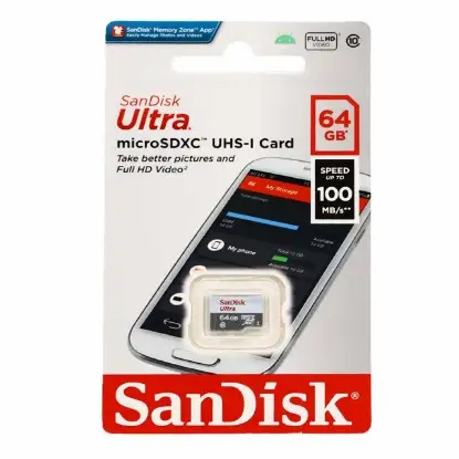 نمایش جزئیات کارت حافظه microSDXC سن دیسک مدل Ultra UHS-I U1 سرعت 100MB/S و ظرفیت 64 گیگابایت