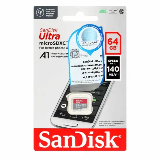 تصویر کارت حافظه microSDXC سن دیسک مدل Ultra UHS-I کلاس 10 سرعت 140MB/S و ظرفیت 64 گیگابایت