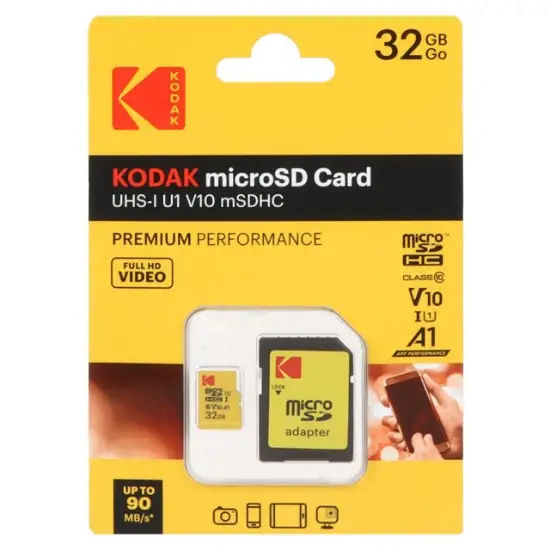 تصویر کارت حافظه microSDHC کداک مدل V10 UHS-I U1 کلاس 10 سرعت 90MB/s ظرفیت 32 گیگابایت به همراه آداپتور