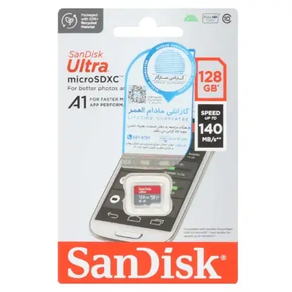 نمایش جزئیات کارت حافظه microSDXC سن دیسک مدل Ultra UHS-I Full HD سرعت 140MB/s ظرفیت 128 گیگابایت