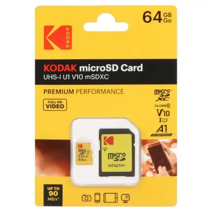 تصویر کارت حافظه microSDXC کداک مدل V10 UHS-I U1 کلاس 10 سرعت 90MB/s ظرفیت 64 گیگابایت به همراه آداپتور