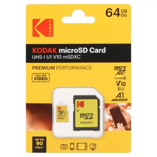 تصویر کارت حافظه microSDXC کداک مدل V10 UHS-I U1 کلاس 10 سرعت 90MB/s ظرفیت 64 گیگابایت به همراه آداپتور